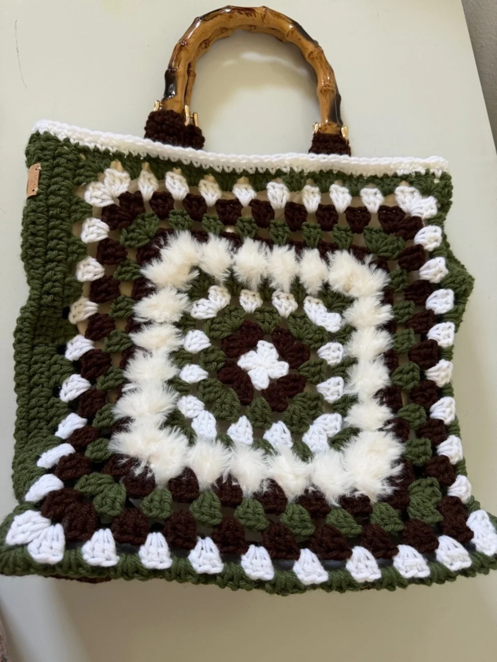 Tote Square Crochet Bamboo Handles Olive Brown Cream Boho Chic Purse
